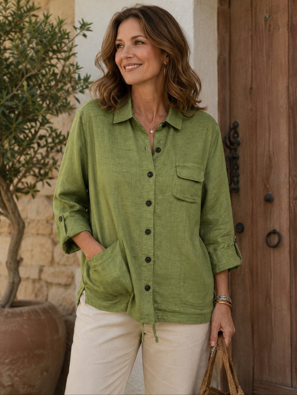 Coldwater Creek Green Button-Up Linen Shirt/Jacket